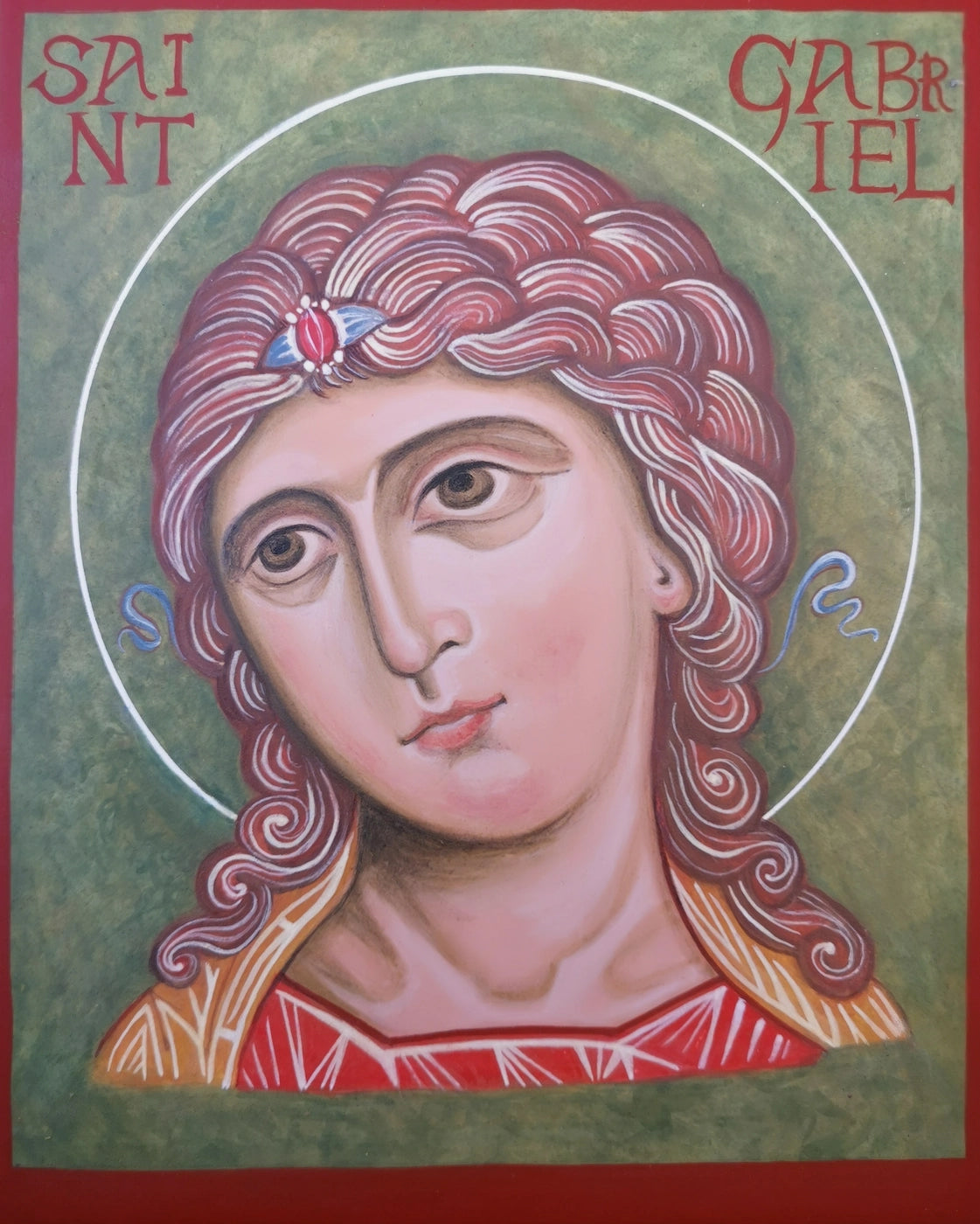 Icon of Saint Gabriel head and shoulders with halo against a green background.